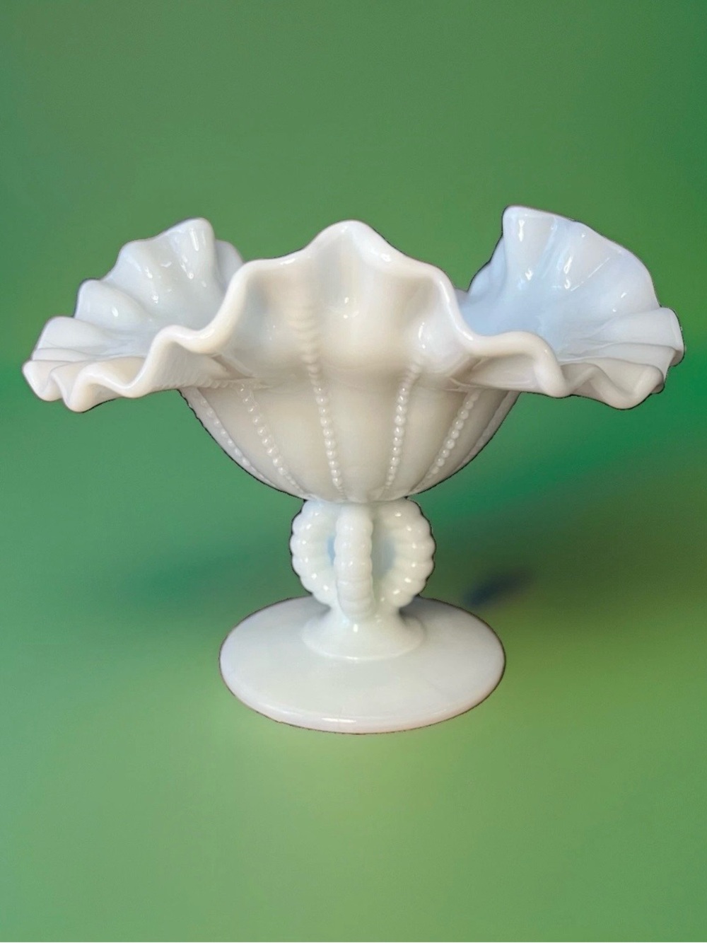Rare Vintage Fenton Ruffled Beaded MILK GLASS WHITE Compote Footed Candy Dish